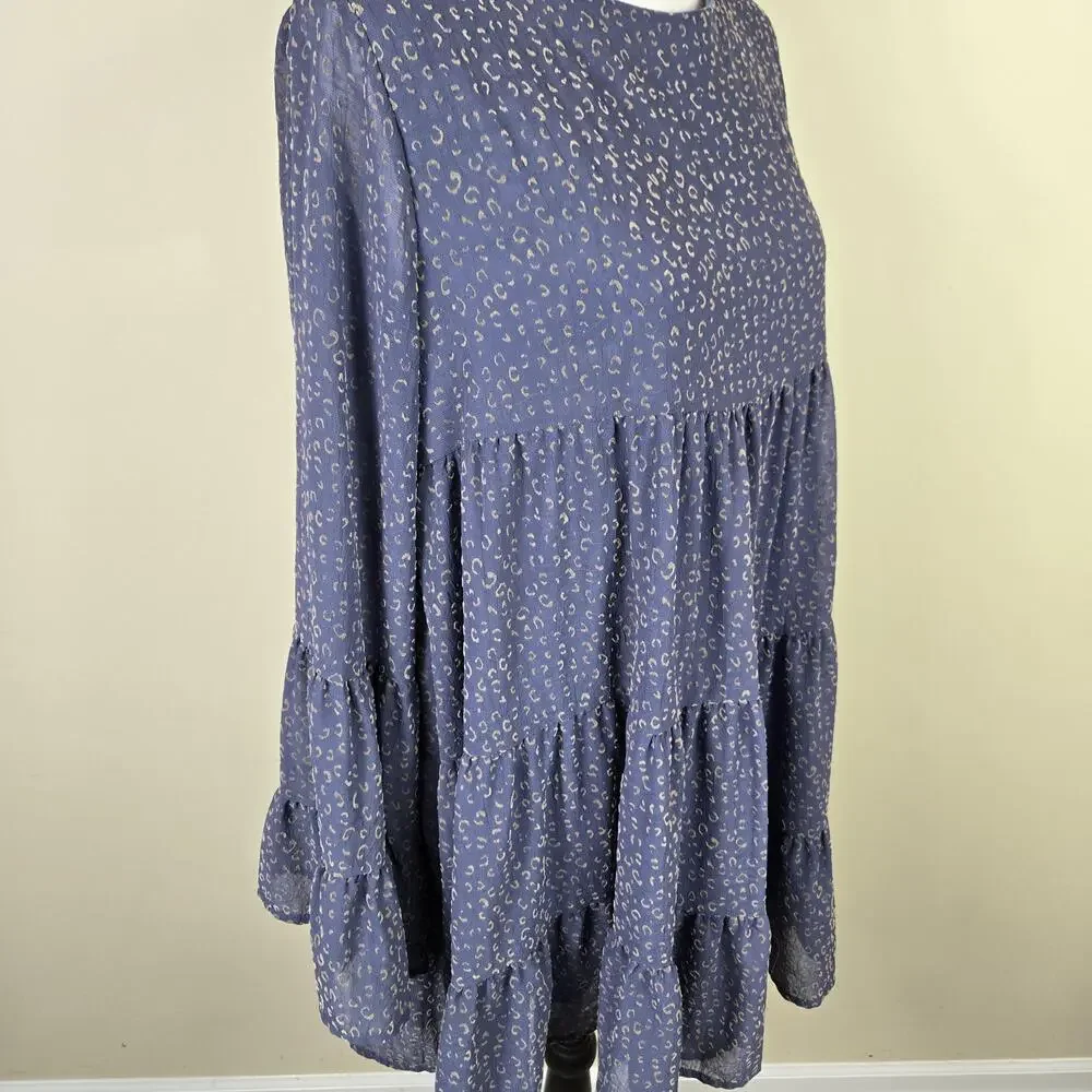 Altar'd State Dress Womens Large Blue Animal Print Bell Sleeve Tiered Trapeze